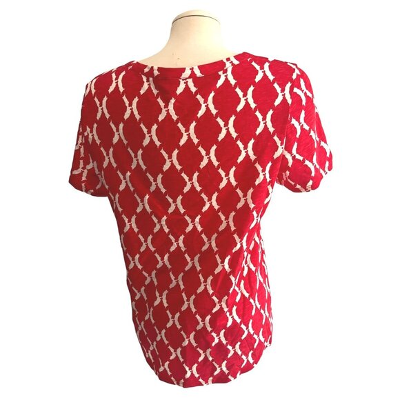 Chico's Red & White Geometric Blouse Lace Neck Sz 1 (Medium 8/10) Womens Short S - Picture 2 of 9